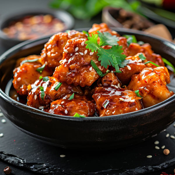 Close-up of Max Bar & Grill's General Tso's chicken, garnished with sesame seeds and cilantro.