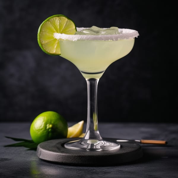 A margarita with a salted rim and lime wedge, next to whole and sliced limes.