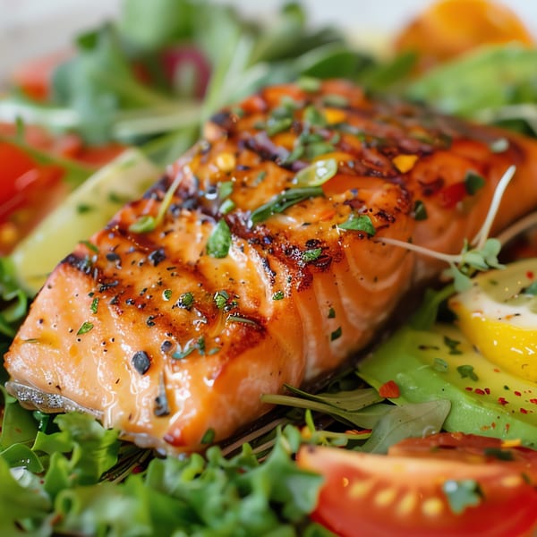 Grilled salmon fillet with herbs, served on a bed of fresh greens, tomatoes, and avocado.